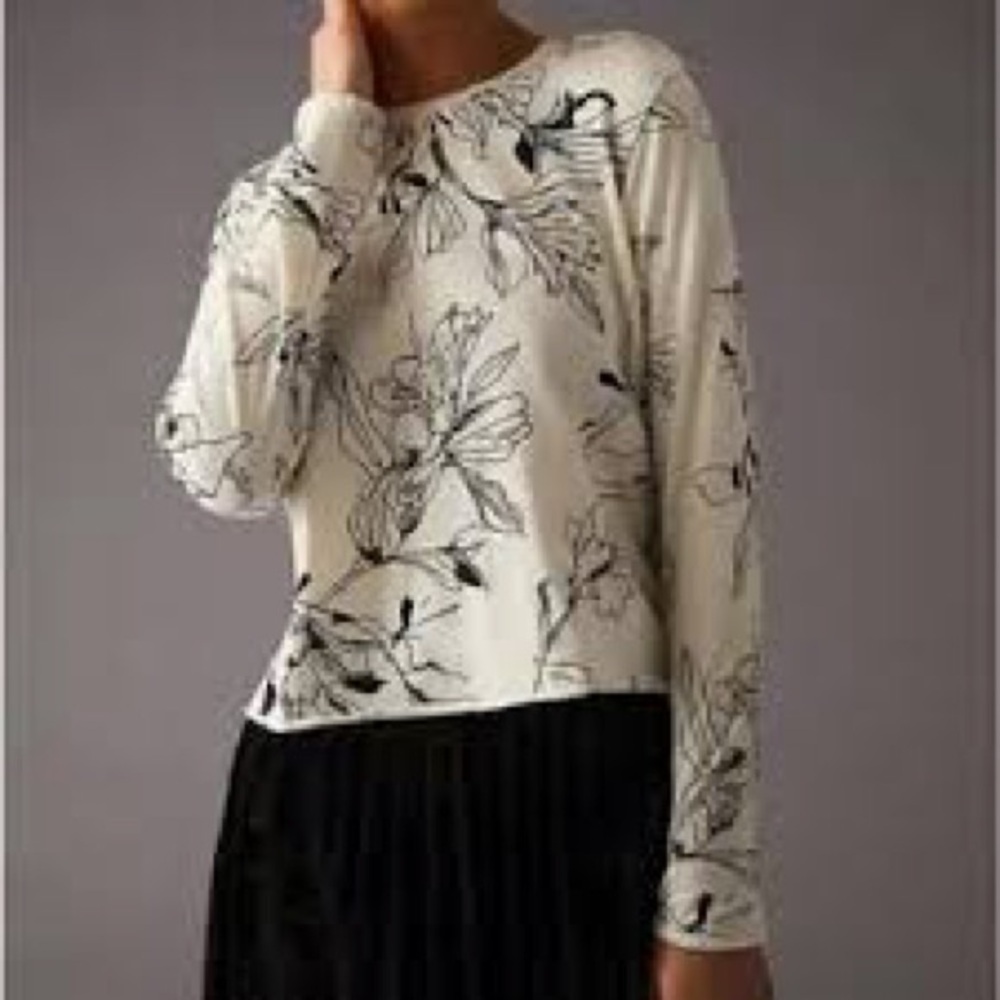 Anthropologie - Maeve Caitlin Floral Black And White Long Sleeve Crewneck Top SM